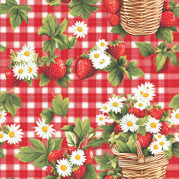 red gingham, white checkered, strawberries, daisy flowers, wicker baskets, green leaves, picnic theme, summer vibes,, fabric panel, botanical elements, red and white, country style, floral motifs, basket weave, cheerful pattern, vintage inspired, cottage core, strawberry picking, outdoor theme