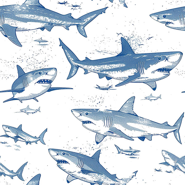 blue sharks, white background, marine animals, ocean creatures, swimming sharks, nautical theme, sea life, blue and white, repeating pattern,, fabric panel, sketched illustration, underwater scene, shark silhouettes, maritime design, aquatic animals, ocean pattern, coastal theme, nature wildlife, swimming motion
