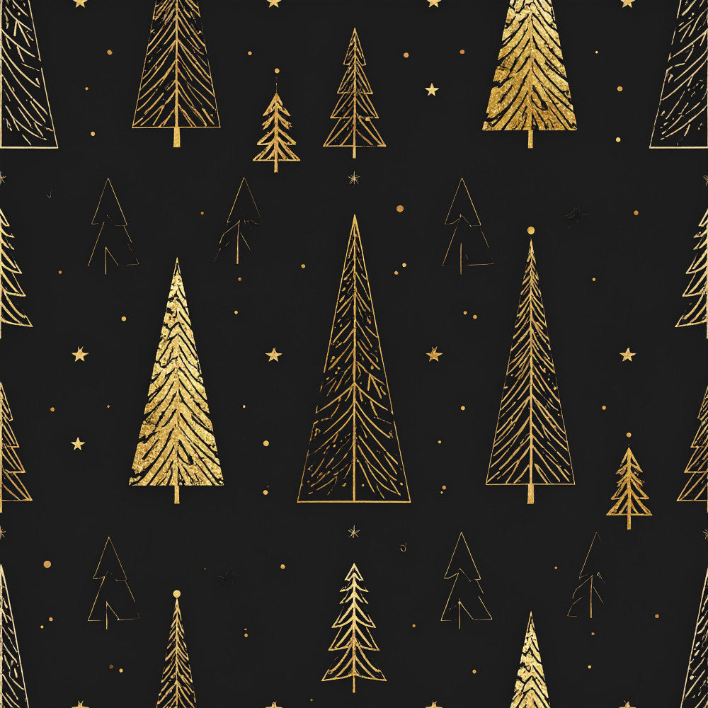 gold, black, dark navy, christmas, holiday, winter, celestial, stars, trees, pine trees, forest, nature, geometric, line art, modern, elegant, sophisticated, festive, seasonal, metallic gold, outlined trees, starry, minimalist, contemporary, luxury, premium, formal, decorative