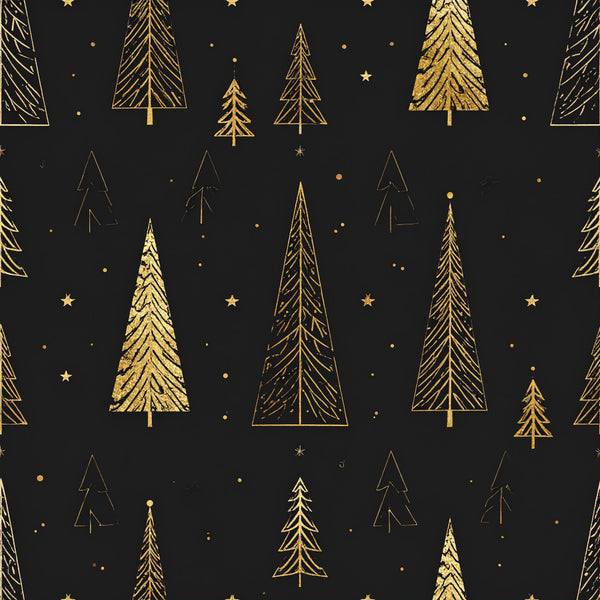 gold, black, dark navy, christmas, holiday, winter, celestial, stars, trees, pine trees, forest, nature, geometric, line art, modern, elegant, sophisticated, festive, seasonal, metallic gold, outlined trees, starry, minimalist, contemporary, luxury, premium, formal, decorative