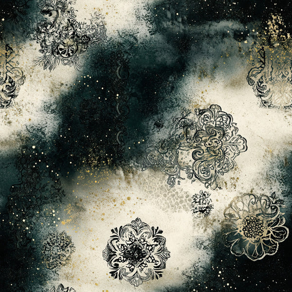 forest green, cream, ivory, gold, teal, dark green, ornate, damask, baroque, medallion, floral, celestial, stars, sparkle, vintage, elegant, romantic, whimsical, botanical, intricate, decorative, sophisticated, ethereal, mystical, ornamental, scrollwork, detailed, artistic, timeless, luxury