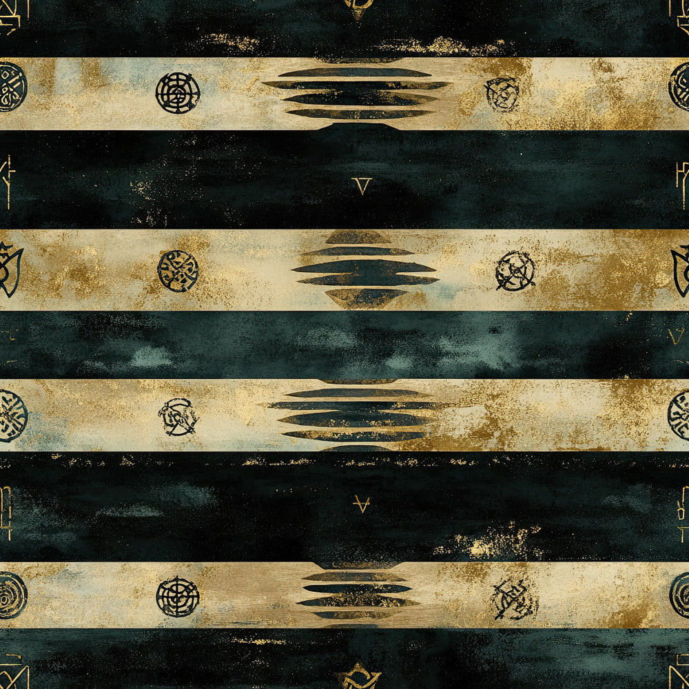 forest green, dark teal, cream, gold, metallic gold, striped, geometric, abstract, celestial, mystical, occult, ancient, vintage, elegant, sophisticated, modern, dark academia, gothic, tribal, circular motifs, sun symbols, brushstrokes, distressed, grunge, magical, mysterious, luxe, contemporary, boho, bohemian