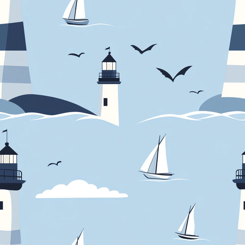 lighthouse pattern, sailboat design, seagulls flying, ocean waves, nautical theme, light blue background, white sails, navy blue accents, coastal scene, maritime motif,, fabric panel, seaside atmosphere, sailing boats, lighthouse beacon, birds in flight, water waves, coastal living, marine theme, sailing adventure