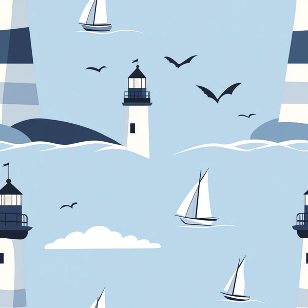 lighthouse pattern, sailboat design, seagulls flying, ocean waves, nautical theme, light blue background, white sails, navy blue accents, coastal scene, maritime motif,, fabric panel, seaside atmosphere, sailing boats, lighthouse beacon, birds in flight, water waves, coastal living, marine theme, sailing adventure