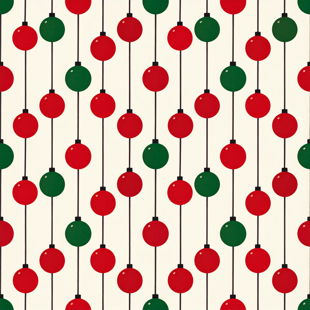 red ornaments, forest green ornaments, christmas baubles, holiday decoration, hanging ornaments, retro christmas, vintage holiday, geometric pattern, striped background, festive, seasonal decoration, christmas, holiday theme, modern retro, mid-century modern, traditional christmas, whimsical holiday, ruby red, deep green, cream background, ornament motif, vertical stripes, repeating pattern, nursery decor, kids room, playroom, festive design, christmas aesthetic