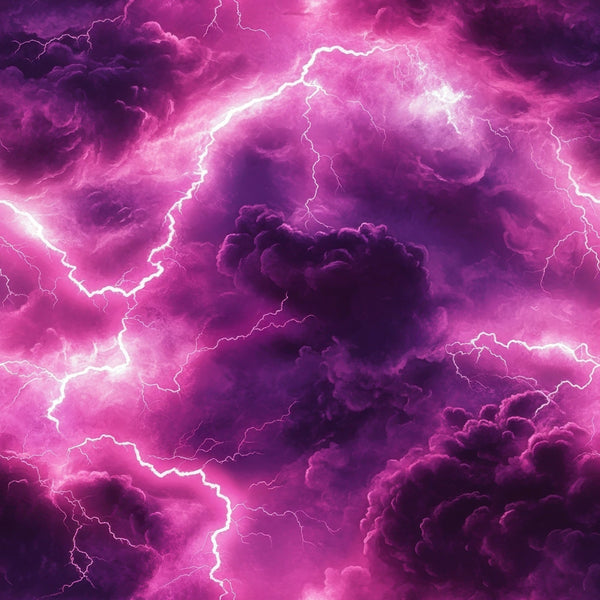 purple, magenta, pink, fuchsia, lightning bolts, thunderstorm, storm clouds, dramatic sky, electric atmosphere,, fabric panel, weather pattern, stormy mood, vibrant colors, lightning strikes, cloud formations, atmospheric design, tempest theme, electric energy, storm scene