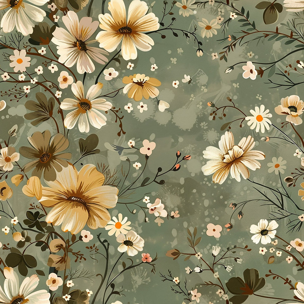 sage green, cream flowers, golden yellow, cottagecore aesthetic, floral pattern, botanical design, daisy blooms, vintage style,, fabric panel, nature motif, soft pastels, wildflower meadow, romantic florals, delicate branches, whimsical garden, muted tones, scattered blossoms