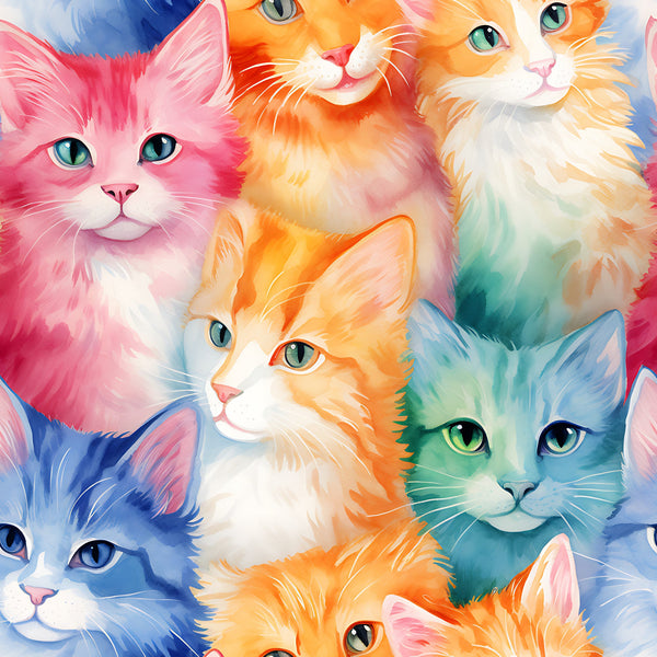 colorful kittens, pink cats, orange cats, blue cats, green cats, watercolor style, packed pattern, cute animals,, fabric panel, bright colors, feline faces, artistic cats, vibrant hues, pet themed, whimsical design, cotton fabric, crafting material