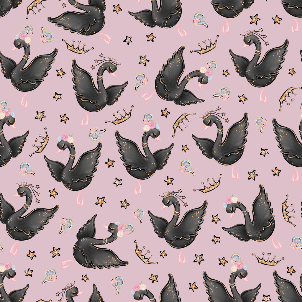 pink background, black swans, golden crowns, stars, bubbles, whimsical pattern, ballet theme,, fabric panel, cute animals, magical design, girly motif, pastel colors, scattered elements, dancing swans, princess theme, kawaii style, repeat pattern, crafting fabric, nursery design