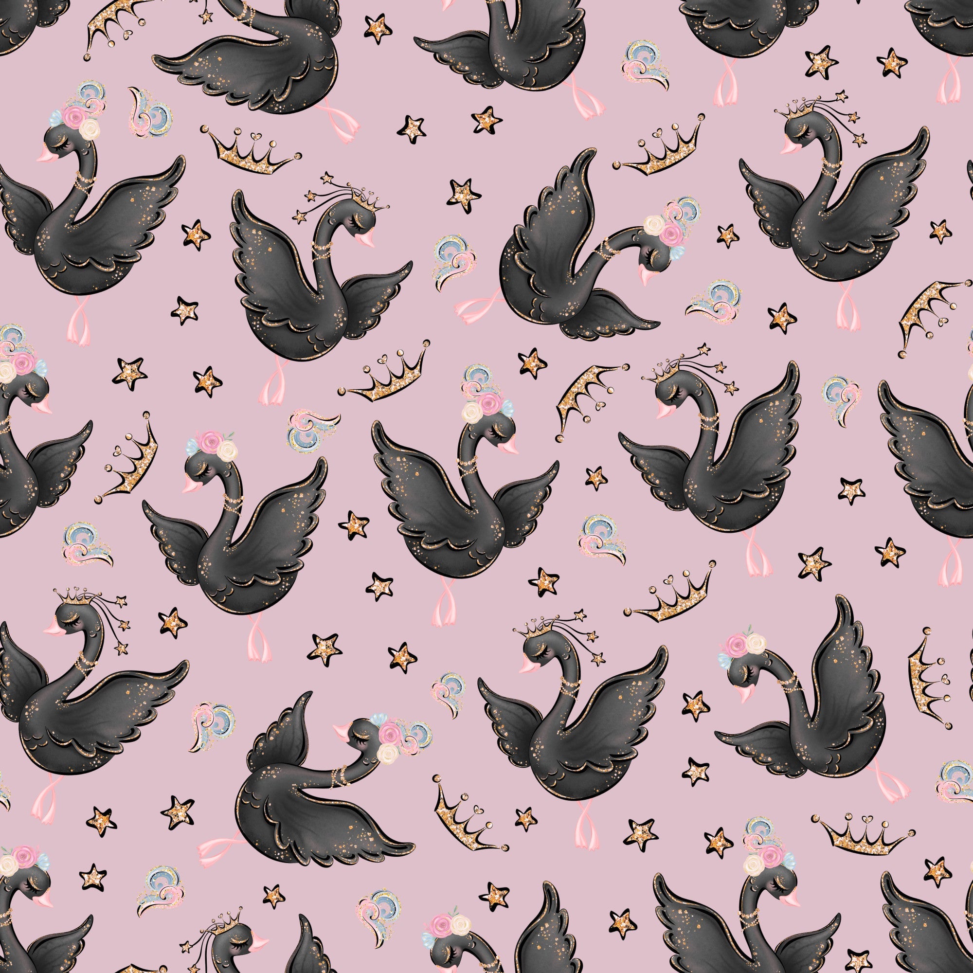 pink background, black swans, golden crowns, stars, bubbles, whimsical pattern, ballet theme,, fabric panel, cute animals, magical design, girly motif, pastel colors, scattered elements, dancing swans, princess theme, kawaii style, repeat pattern, crafting fabric, nursery design