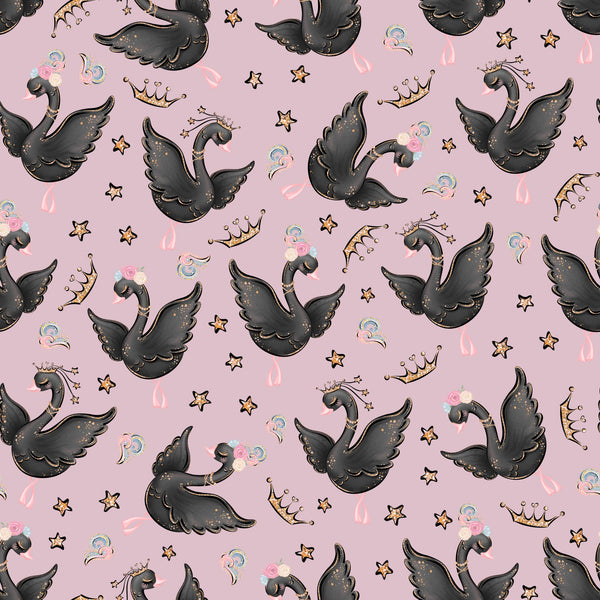 pink background, black swans, golden crowns, stars, bubbles, whimsical pattern, ballet theme,, fabric panel, cute animals, magical design, girly motif, pastel colors, scattered elements, dancing swans, princess theme, kawaii style, repeat pattern, crafting fabric, nursery design