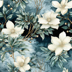 white flowers, teal background, cream petals, botanical, floral pattern, nature theme, elegant style, traditional, vintage botanical, magnolia flowers, leafy branches, gold accents, beige centers, serene, garden theme, spring flowers, romantic, calming design, muted tones, slate blue, dusty teal, botanical illustration, delicate flowers, multi-layered petals, nature lover, peaceful design, soft palette, decorative florals