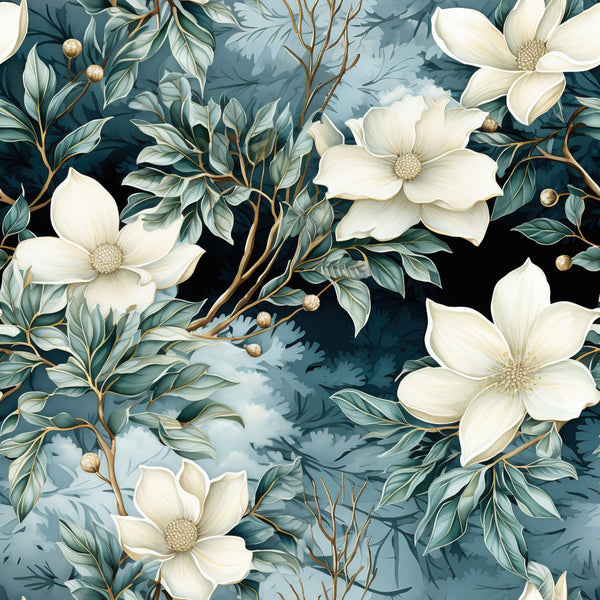 white flowers, teal background, cream petals, botanical, floral pattern, nature theme, elegant style, traditional, vintage botanical, magnolia flowers, leafy branches, gold accents, beige centers, serene, garden theme, spring flowers, romantic, calming design, muted tones, slate blue, dusty teal, botanical illustration, delicate flowers, multi-layered petals, nature lover, peaceful design, soft palette, decorative florals