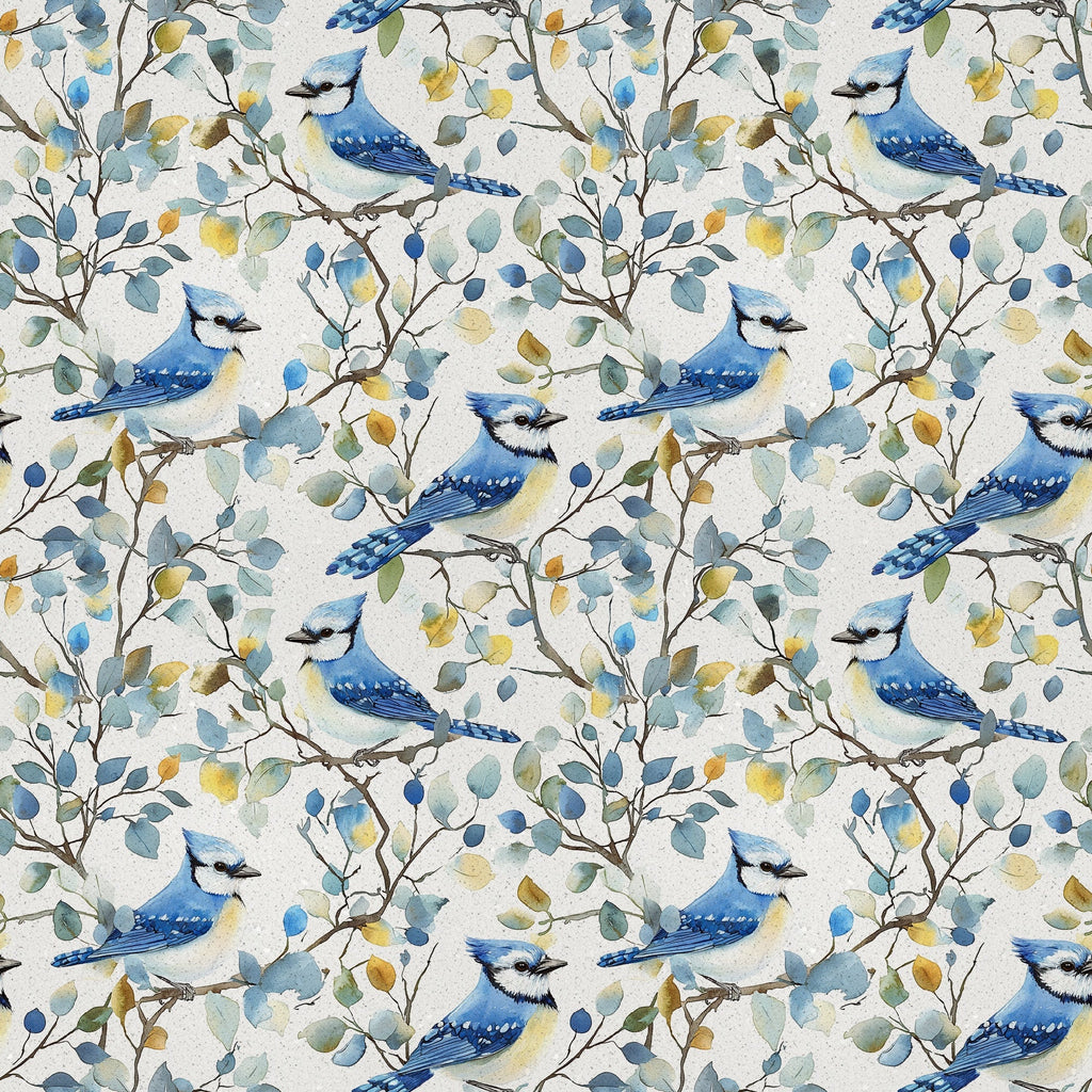 blue jay, watercolor style, bird pattern, floral branches, seamless repeat,, fabric panel, nature motif, blue feathers, botanical design, perched birds, leafy vines, soft pastels, yellow accents, green foliage, white background, delicate artwork, wildlife theme, spring elements, crafting fabric
