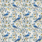 blue jay, watercolor style, bird pattern, floral branches, seamless repeat,, fabric panel, nature motif, blue feathers, botanical design, perched birds, leafy vines, soft pastels, yellow accents, green foliage, white background, delicate artwork, wildlife theme, spring elements, crafting fabric