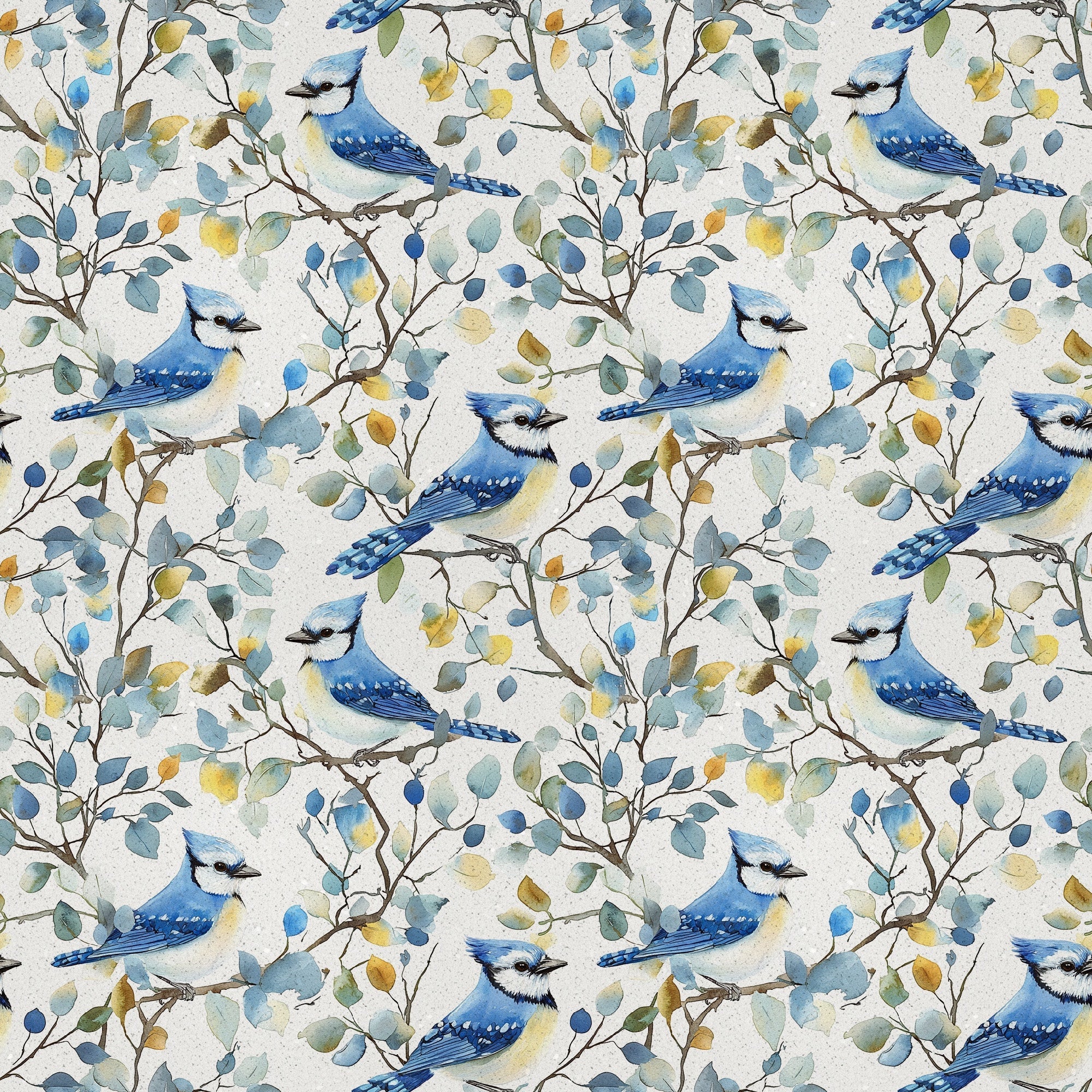 blue jay, watercolor style, bird pattern, floral branches, seamless repeat,, fabric panel, nature motif, blue feathers, botanical design, perched birds, leafy vines, soft pastels, yellow accents, green foliage, white background, delicate artwork, wildlife theme, spring elements, crafting fabric