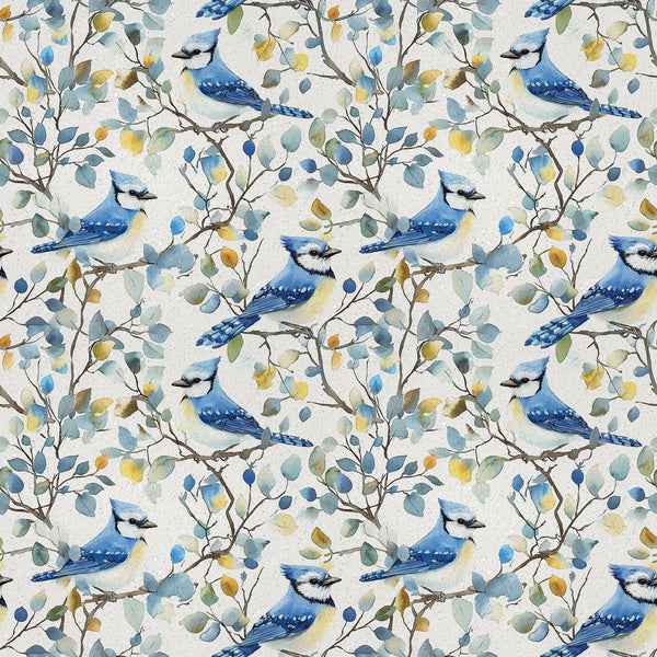blue jay, watercolor style, bird pattern, floral branches, seamless repeat,, fabric panel, nature motif, blue feathers, botanical design, perched birds, leafy vines, soft pastels, yellow accents, green foliage, white background, delicate artwork, wildlife theme, spring elements, crafting fabric