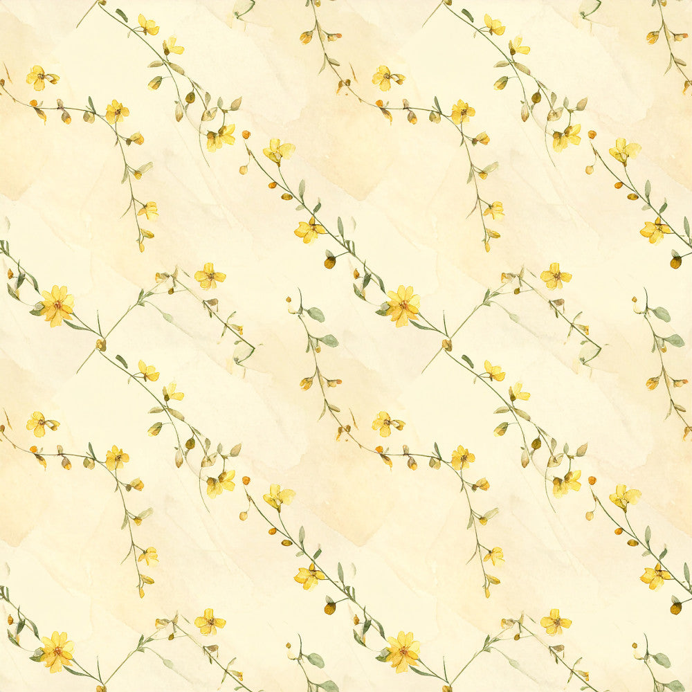 yellow flowers, cream background, delicate floral, botanical print, spring flowers, garden flowers, watercolor florals, soft yellow, pale yellow, golden yellow, sage green, muted tones, vintage floral, nature inspired, botanical theme, delicate branches, flower stems, scattered florals, dreamy pattern, whimsical style, cottage core, farmhouse style, romantic style, nursery decor, baby shower, gentle florals, light and airy, pastel palette, spring season, summer flowers