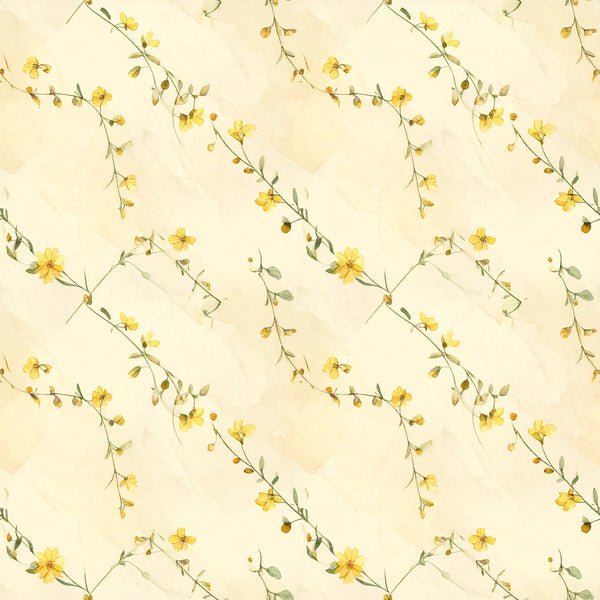 yellow flowers, cream background, delicate floral, botanical print, spring flowers, garden flowers, watercolor florals, soft yellow, pale yellow, golden yellow, sage green, muted tones, vintage floral, nature inspired, botanical theme, delicate branches, flower stems, scattered florals, dreamy pattern, whimsical style, cottage core, farmhouse style, romantic style, nursery decor, baby shower, gentle florals, light and airy, pastel palette, spring season, summer flowers