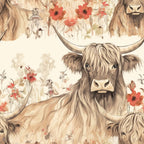 highland cows, floral pattern, coral flowers, beige background, brown cattle, long horns, shaggy fur,, fabric panel, pastoral scene, farm animals, botanical elements, warm tones, cream colored, rustic charm, country living, watercolor style, repeating motif, crafting material, sewing fabric