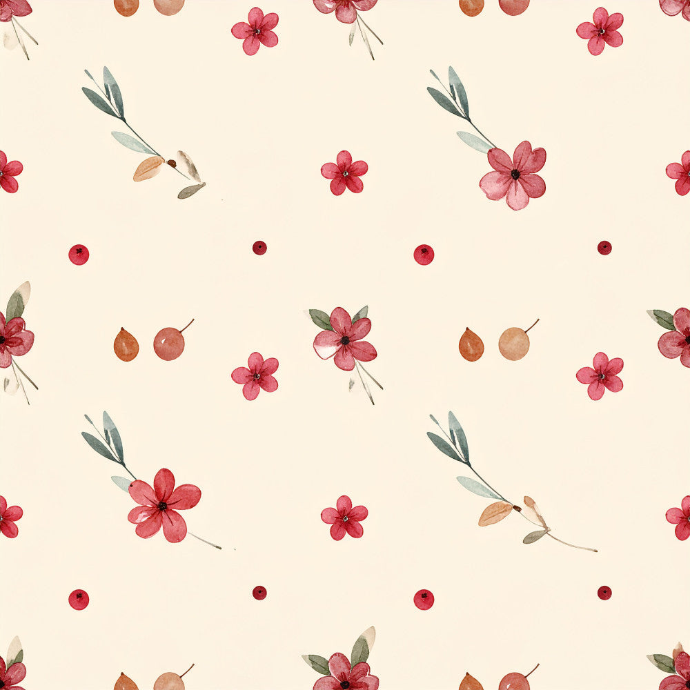 dusty rose, coral pink, burnt orange, sage green, cream, watercolor floral, botanical, nature, vintage, whimsical, elegant, spring, summer, flowers, berries, leaves, delicate, romantic, soft, feminine, garden, cherry blossoms, small florals, scattered pattern, nursery, baby shower, kids room, playroom, nature-inspired
