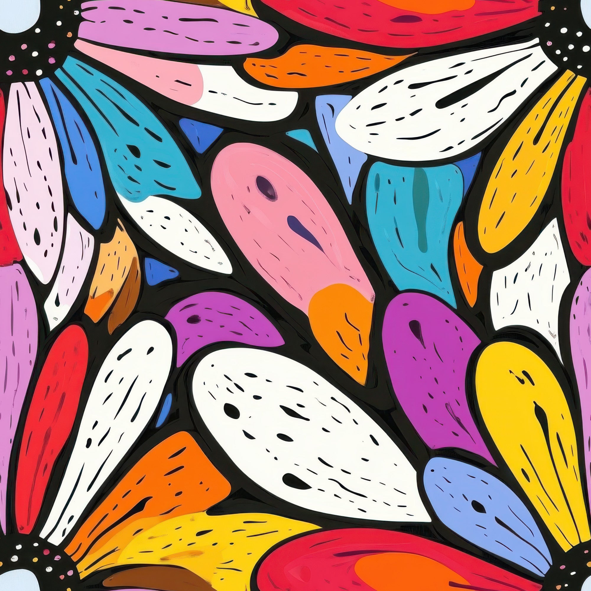 petal shapes, abstract florals, vibrant colors, pink, purple, yellow, orange, blue, white, red, turquoise, geometric pattern, modern art style, contemporary design,, fabric panel, colorful motifs, artistic pattern, bright palette, stained glass effect