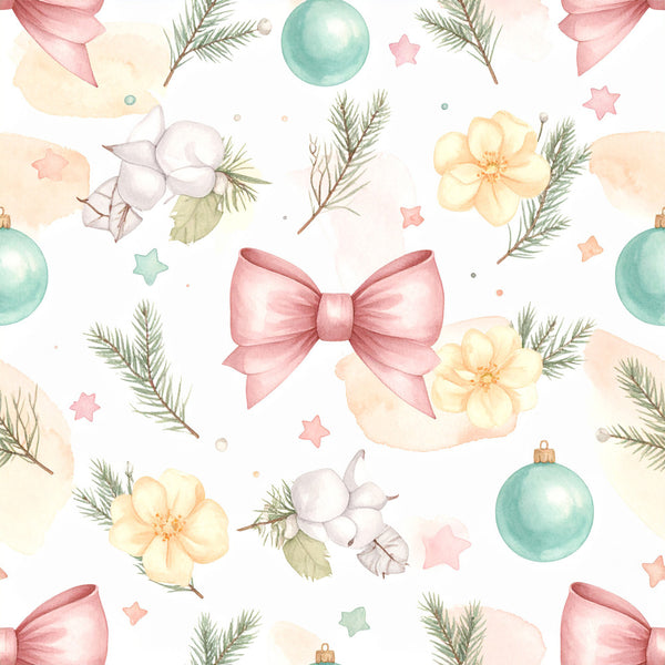 sage green, dusty rose, soft pink, pale yellow, cream, ivory, christmas ornaments, evergreen branches, cotton flowers, delicate flowers, floral, holiday, festive, elegant, whimsical, vintage, nature, winter, christmas, nursery, baby shower, soft and sweet, bows, stars, pastel colors, botanical, traditional, feminine, decorative, seasonal