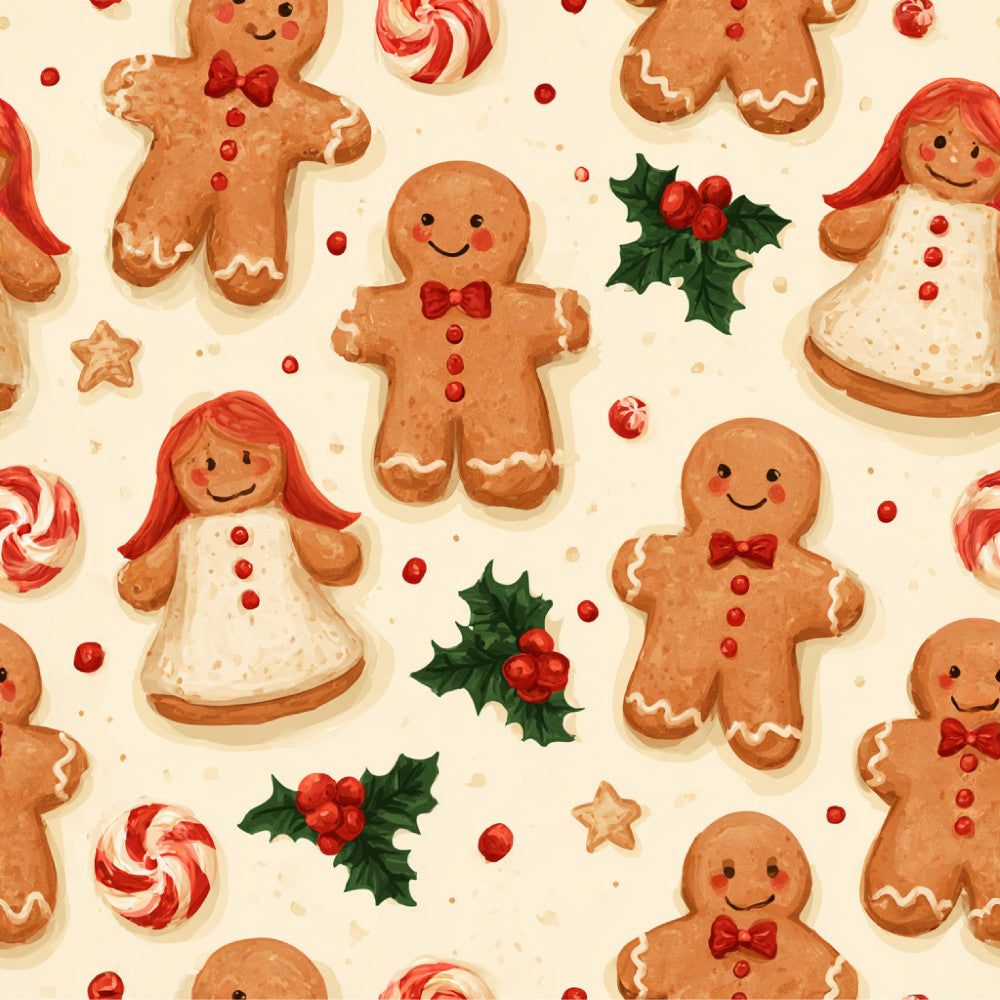 gingerbread men, gingerbread cookies, holiday, christmas, festive, red, cream, tan, brown, candy canes, peppermint, holly berries, holly leaves, gingerbread girl, whimsical, playful, nursery, kids room, children's, sweet treats, dessert themed, winter, seasonal, cute, cheerful, traditional, retro, vintage inspired