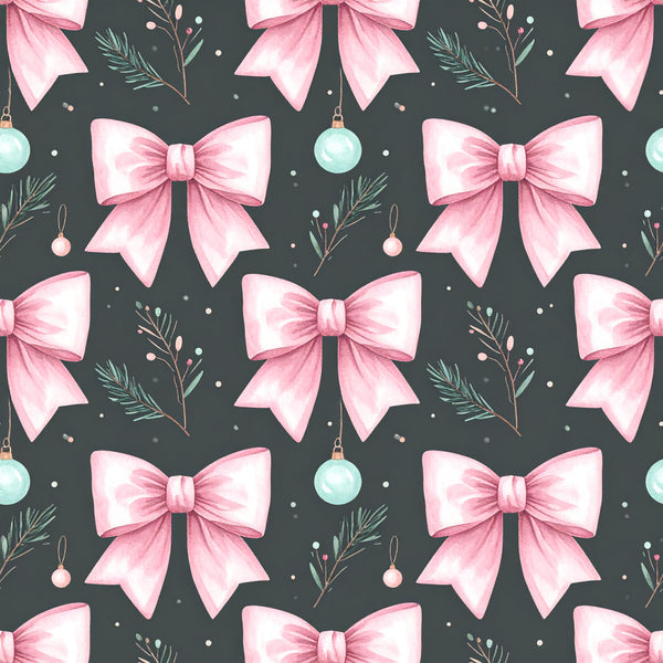 soft pink bows, charcoal gray background, mint green ornaments, holiday festive, christmas theme, elegant bows, winter holiday, decorative ribbons, evergreen branches, tree branches, festive ornaments, sophisticated style, whimsical design, feminine aesthetic, holiday decor, christmas ornaments, pink and gray, mint accents, delicate bows, holiday nursery, baby shower, nursery decor, kids room, playroom, christmas aesthetic, winter wonderland, elegant holiday, romantic style, festive celebration