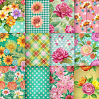 spring flowers, patchwork blocks,, fabric panel, floral motifs, roses, daisies, gingham checks, polka dots, plaid pattern, teal green, coral pink, yellow blooms, purple flowers, orange petals, botanical designs, garden theme, cheerful mood, vintage style, cottage core