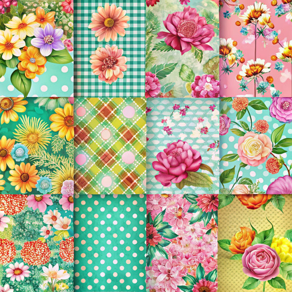 spring flowers, patchwork blocks,, fabric panel, floral motifs, roses, daisies, gingham checks, polka dots, plaid pattern, teal green, coral pink, yellow blooms, purple flowers, orange petals, botanical designs, garden theme, cheerful mood, vintage style, cottage core