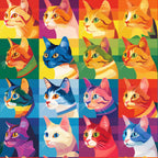 cat portraits, pop art style, geometric blocks, vibrant colors, orange tabby, blue cats, purple hues, green tones, red backgrounds, yellow accents, patchwork design, quilting panel, cotton fabric, feline faces, colorful cats, artistic illustration, bright palette, modern art, pet themed, animal portraits