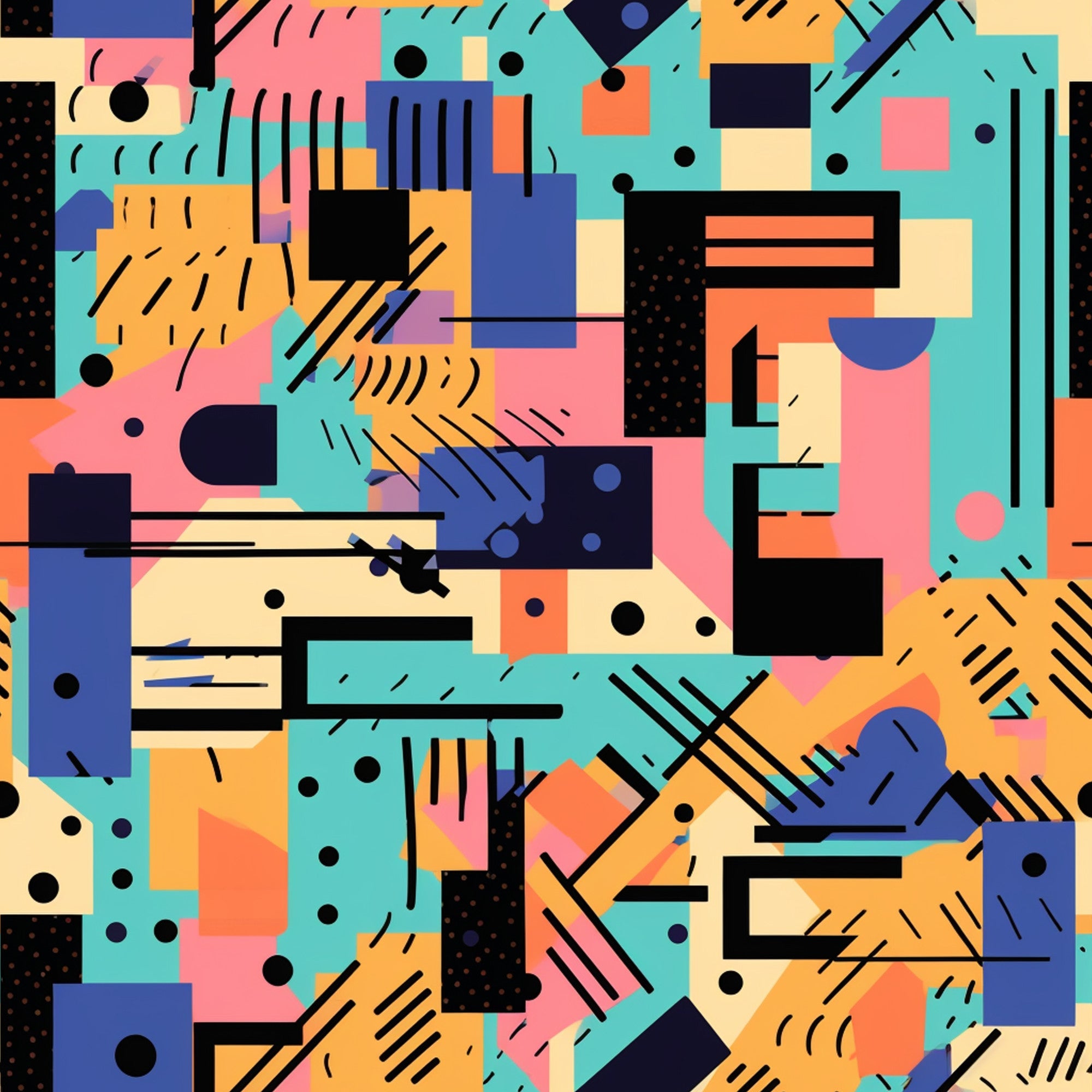 geometric abstract, retro modern, teal, coral pink, navy blue, orange, yellow, black accents, memphis style, 80s inspired, contemporary art, overlapping shapes, diagonal lines, dots pattern,, fabric panel, artistic composition, vibrant colors, graphic design, angular forms