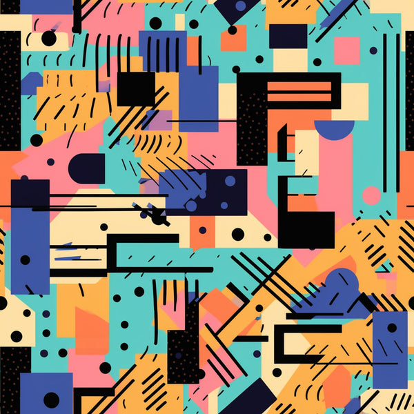 geometric abstract, retro modern, teal, coral pink, navy blue, orange, yellow, black accents, memphis style, 80s inspired, contemporary art, overlapping shapes, diagonal lines, dots pattern,, fabric panel, artistic composition, vibrant colors, graphic design, angular forms