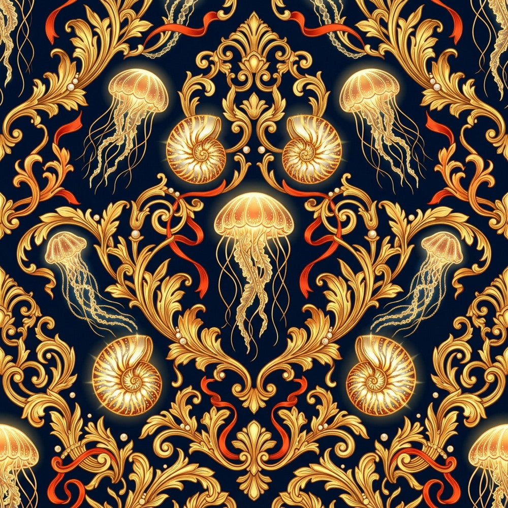navy blue, gold, coral orange, cream, metallic gold, baroque, damask, ornamental, vintage, elegant, luxury, ocean, marine, jellyfish, nautical, seashell, ammonite, fossils, steampunk, victorian, classical, sophisticated, coastal, deep sea, bioluminescent, intricate, decorative scrollwork, ocean creatures, sea life, timeless