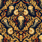 navy blue, gold, coral orange, cream, metallic gold, baroque, damask, ornamental, vintage, elegant, luxury, ocean, marine, jellyfish, nautical, seashell, ammonite, fossils, steampunk, victorian, classical, sophisticated, coastal, deep sea, bioluminescent, intricate, decorative scrollwork, ocean creatures, sea life, timeless