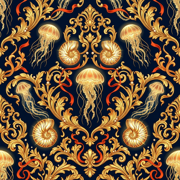 navy blue, gold, coral orange, cream, metallic gold, baroque, damask, ornamental, vintage, elegant, luxury, ocean, marine, jellyfish, nautical, seashell, ammonite, fossils, steampunk, victorian, classical, sophisticated, coastal, deep sea, bioluminescent, intricate, decorative scrollwork, ocean creatures, sea life, timeless