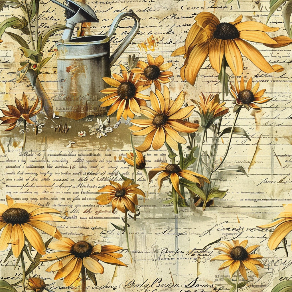 yellow flowers, orange petals, black-eyed susan, rudbeckia, watering can, galvanized metal, vintage script, handwritten text, botanical illustration, golden yellow, amber orange, sepia tones, cream background, gardening theme, floral motif, rustic style, cottage garden,, fabric panel, farmhouse aesthetic