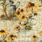 yellow flowers, orange petals, black-eyed susan, rudbeckia, watering can, galvanized metal, vintage script, handwritten text, botanical illustration, golden yellow, amber orange, sepia tones, cream background, gardening theme, floral motif, rustic style, cottage garden,, fabric panel, farmhouse aesthetic