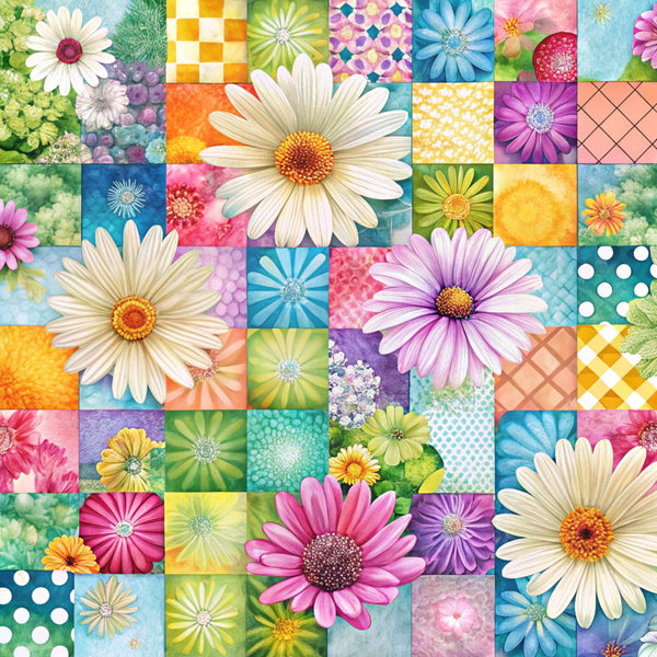 spring flowers, daisies, gerbera daisies, white petals, pink flowers, purple blooms, yellow centers, orange accents, blue backgrounds, green foliage, patchwork squares, geometric patterns, polka dots, checkered design, floral motifs,, fabric panel, bright colors, cheerful mood, botanical art, spring theme, crafting material