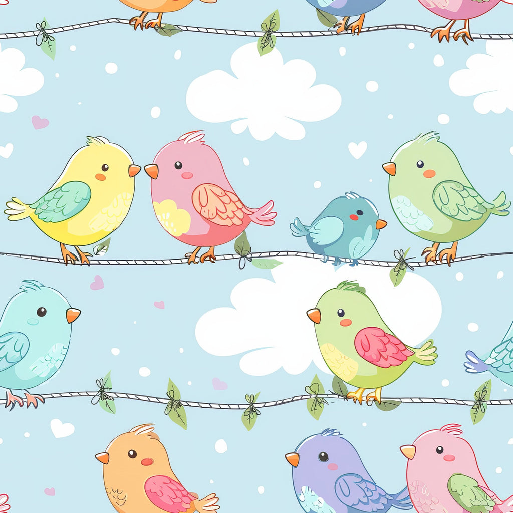 cute birds, pastel colors, yellow birds, pink birds, blue birds, green birds, wire perch, kawaii style, whimsical design, cotton fabric, quilting panel, seamless pattern, soft blue background, white clouds, cartoon birds, cheerful mood, nursery theme, bird illustration, fabric repeat, children's fabric