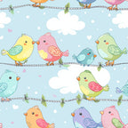 cute birds, pastel colors, yellow birds, pink birds, blue birds, green birds, wire perch, kawaii style, whimsical design, cotton fabric, quilting panel, seamless pattern, soft blue background, white clouds, cartoon birds, cheerful mood, nursery theme, bird illustration, fabric repeat, children's fabric