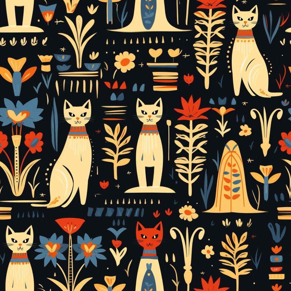 cream, navy blue, gold, orange, red, cat fabric, egyptian cat, feline pattern, floral design, botanical print, decorative plants, whimsical style, modern vintage, art deco, celestial elements, stars, hearts, geometric florals, playroom decor, kids room, nursery fabric, animal lovers, cat lovers, retro modern, mid-century modern, bohemian style, stylized flowers, decorative vases, children's design, magical theme