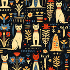 cream, navy blue, gold, orange, red, cat fabric, egyptian cat, feline pattern, floral design, botanical print, decorative plants, whimsical style, modern vintage, art deco, celestial elements, stars, hearts, geometric florals, playroom decor, kids room, nursery fabric, animal lovers, cat lovers, retro modern, mid-century modern, bohemian style, stylized flowers, decorative vases, children's design, magical theme
