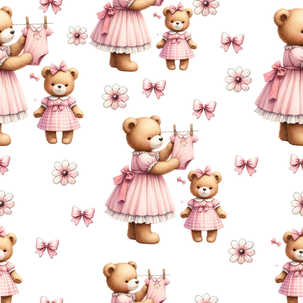 pink, baby pink, blush pink, teddy bears, cute bears, baby clothes, gingham dress, pink bows, flowers, floral motifs, clothesline, baby onesie, nursery theme, kawaii style, whimsical, adorable characters,, fabric panel, seamless pattern, baby girl theme, soft pastels, repeating design