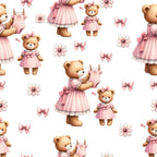 pink, baby pink, blush pink, teddy bears, cute bears, baby clothes, gingham dress, pink bows, flowers, floral motifs, clothesline, baby onesie, nursery theme, kawaii style, whimsical, adorable characters,, fabric panel, seamless pattern, baby girl theme, soft pastels, repeating design