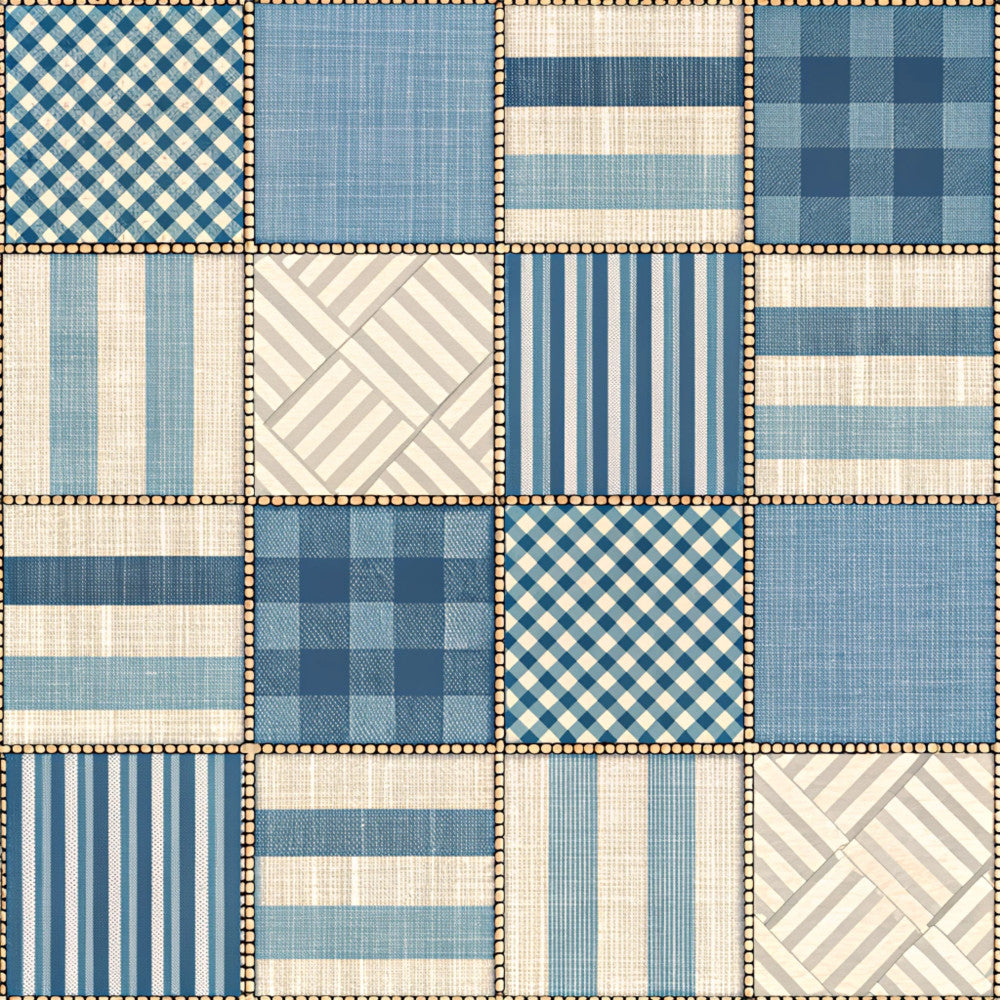 slate blue, cream, beige, tan, light blue, cornflower blue, navy blue, geometric, striped, plaid, diamond pattern, cross hatch, patchwork, classic, traditional, cottage core, farmhouse, country, vintage, modern, nautical, coordinating prints, multi-pattern, coordinating fabric, quilted look, textured, layered patterns, home decor, nursery, baby room