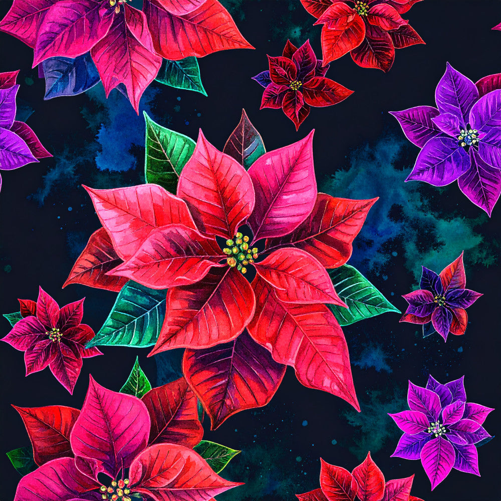 neon pink, hot pink, magenta, red, crimson, deep purple, violet, emerald green, dark teal, navy blue, black background, poinsettia, floral, botanical, festive, holiday, christmas, winter, vibrant, bold, colorful, whimsical, modern, elegant, flowers, leaves, nature-inspired, seasonal, festive decor
