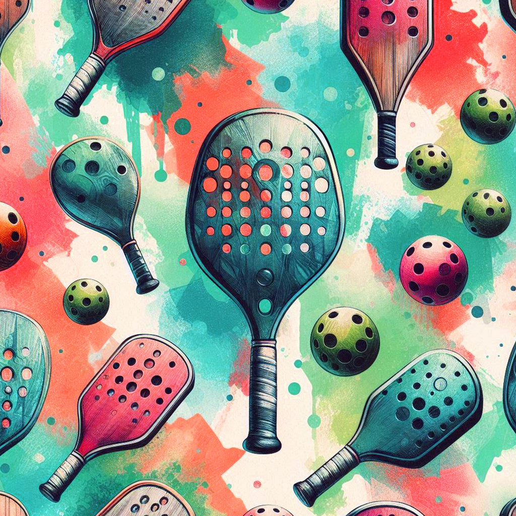 watercolor, pickleball, paddles, balls, sports equipment, coral pink, turquoise, mint green, sage green, artistic style, painted effect,, fabric panel, athletic theme, recreational sports, modern illustration, scattered pattern, playful design, contemporary art, crafting material