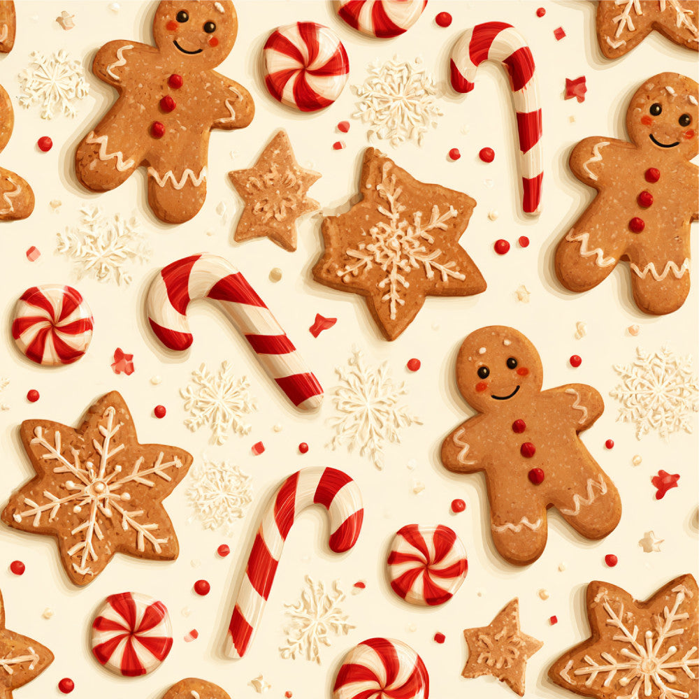gingerbread men, peppermint candy, candy canes, snowflakes, red and white, cream, tan, gingerbread brown, holiday, christmas, festive, whimsical, playful, retro, vintage, candy theme, sweets, winter, seasonal, kids room, playroom, nursery, children's decor, cute characters, smiling faces, decorative accents, sweet treats